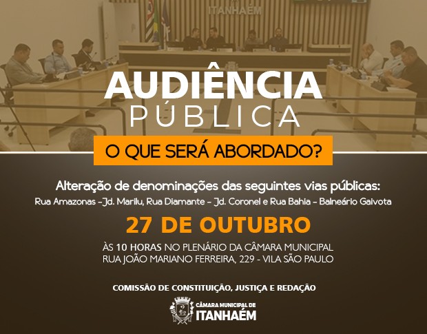 Imagem da notícia: Audiência Pública para alteração de denominações de vias públicas