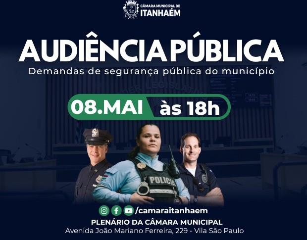 Imagem da notícia: Câmara Municipal realizará Audiência Pública para discutir segurança em Itanhaém