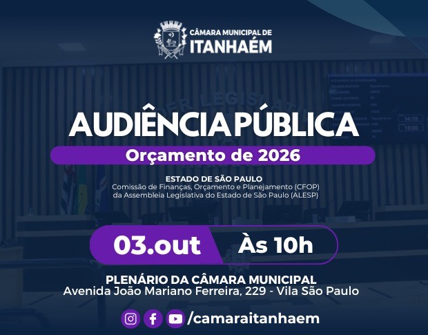 Imagem da notícia: Câmara Municipal sediará audiência pública da ALESP sobre Orçamento de 2026