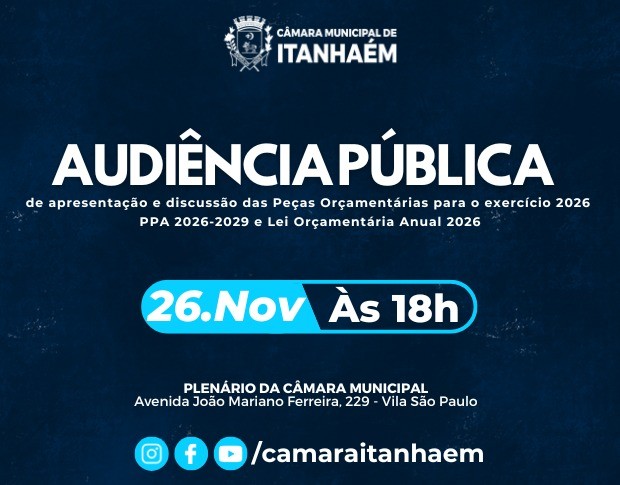 Imagem da notícia: Câmara Municipal de Itanhaém realiza Audiência Pública sobre o PPA 2026-2029 e a LOA 2026