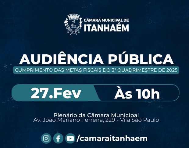 Imagem principal da notícia Câmara realiza Audiência Pública para avaliação das Metas Fiscais do 3º quadrimestre de 2025